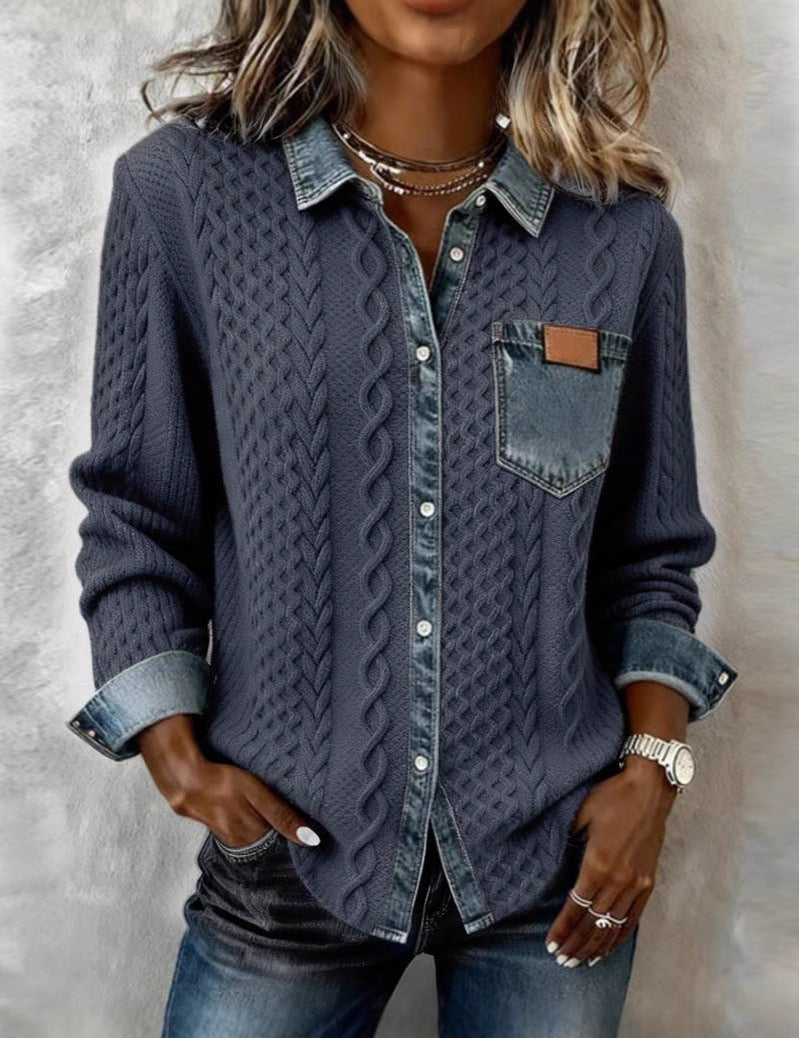 Camisa de Manga Longa com Detalhes em Denim