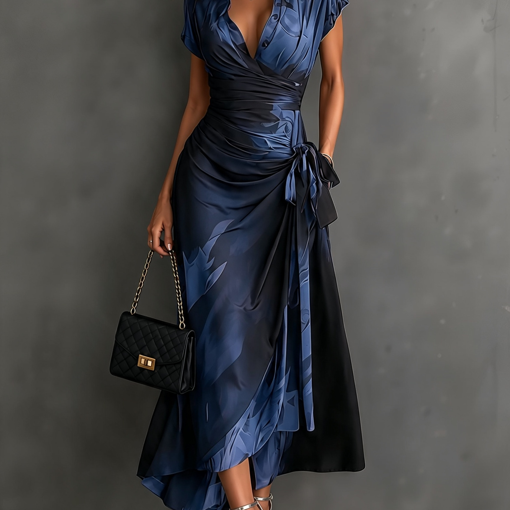 Vestido Midi Envelope com Estampa Abstrata Vermelha e Preta, Gola com Decote em V, Manga Curta, Cintura para Amarrar, Barra Assimétrica com Renda