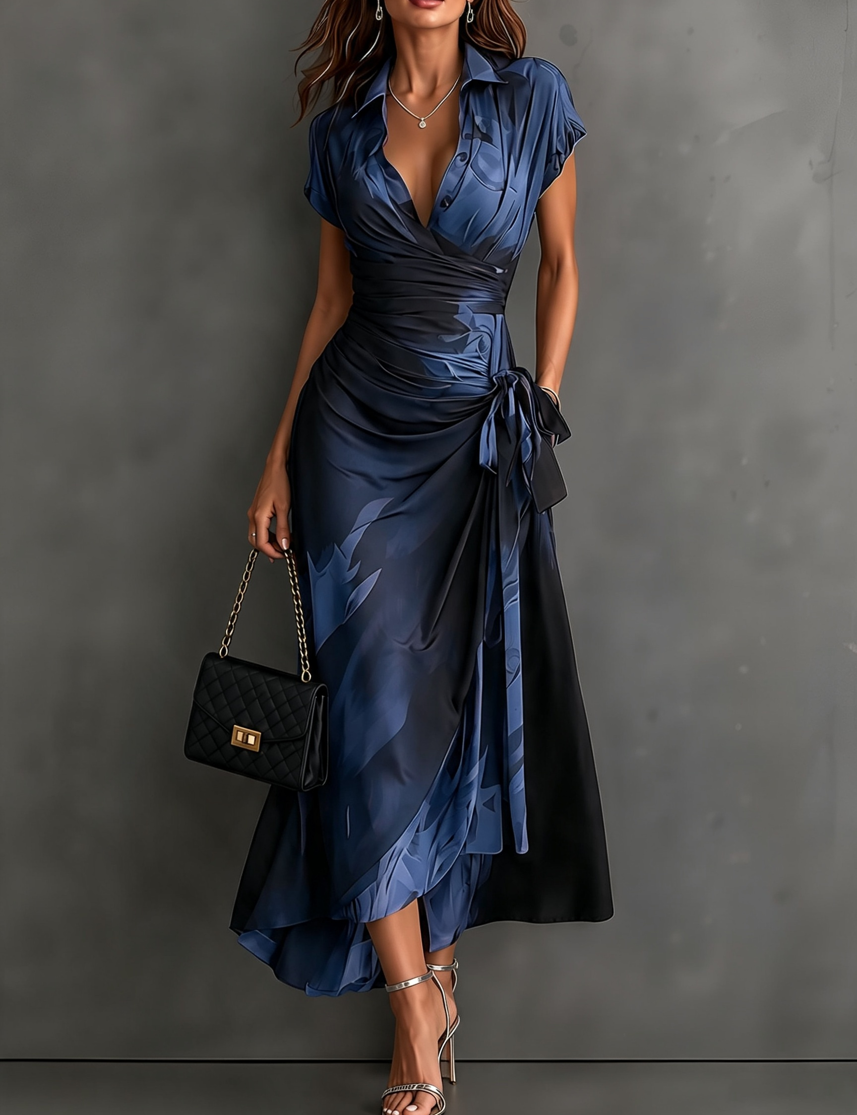 Vestido Midi Envelope com Estampa Abstrata Vermelha e Preta, Gola com Decote em V, Manga Curta, Cintura para Amarrar, Barra Assimétrica com Renda
