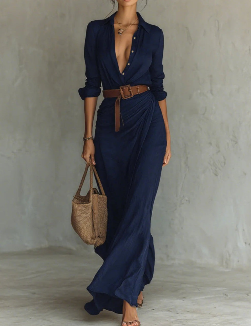 Vestido longo ajustado com mangas longas e detalhes em lapela