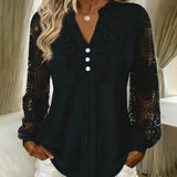 Blusa feminina de renda com decote em V e mangas compridas