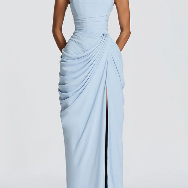 Leticia | Vestido Maxi Sem Mangas com Pregas Assimétricas e Detalhes em Cordão nas Costas Cyra