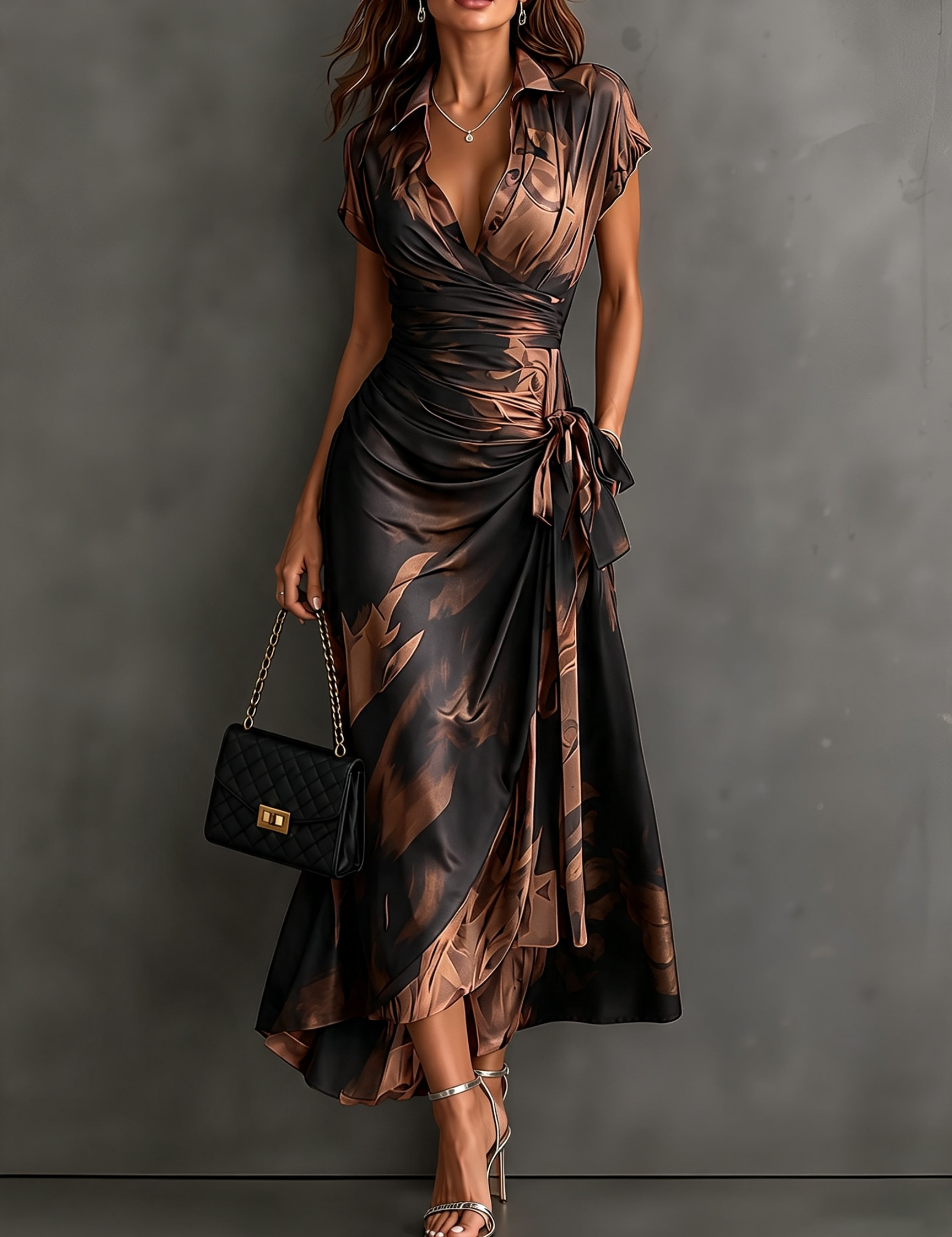Vestido Midi Envelope com Estampa Abstrata Vermelha e Preta, Gola com Decote em V, Manga Curta, Cintura para Amarrar, Barra Assimétrica com Renda