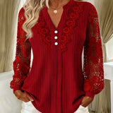 Blusa feminina de renda com decote em V e mangas compridas
