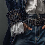 Athénaïs | Casaco Longo Vintage Azul Marinho com Bordado