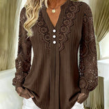 Blusa feminina de renda com decote em V e mangas compridas