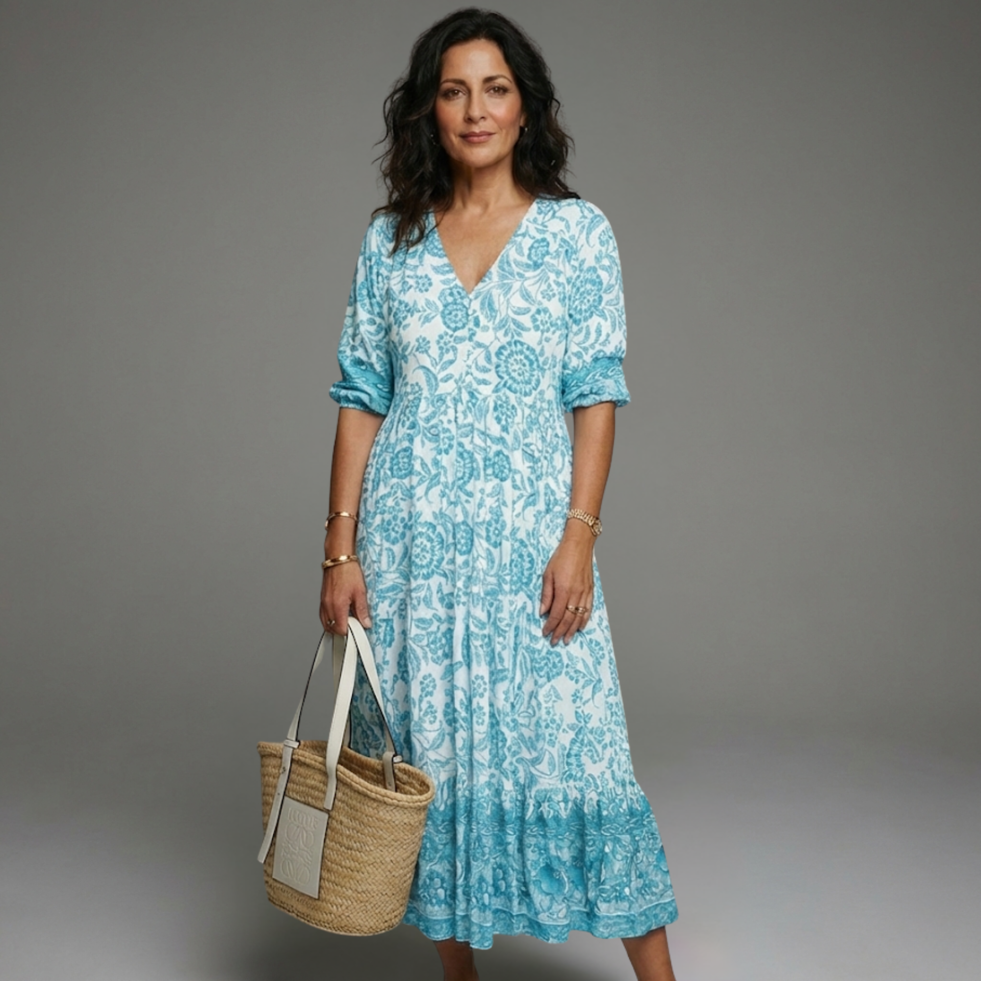 Vestido de verão mulher estampado floral com decote em V – estilo casual leve