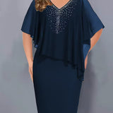 Vestido de chiffon feminino com decote em V e adornos de strass