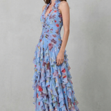 Belladina | Vestido Longo Romântico Kaskada de Rosas com Decote em V
