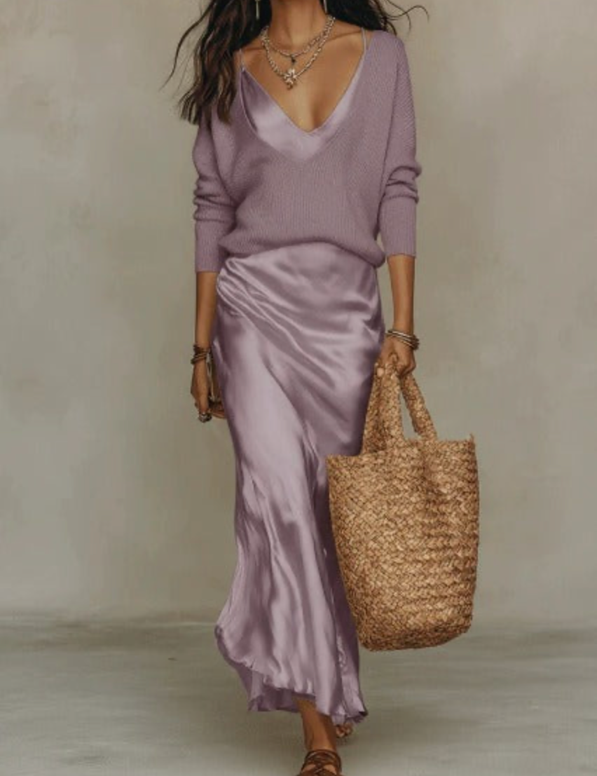 Vestido Midi de Satén Brisa com Jersey Coordenado