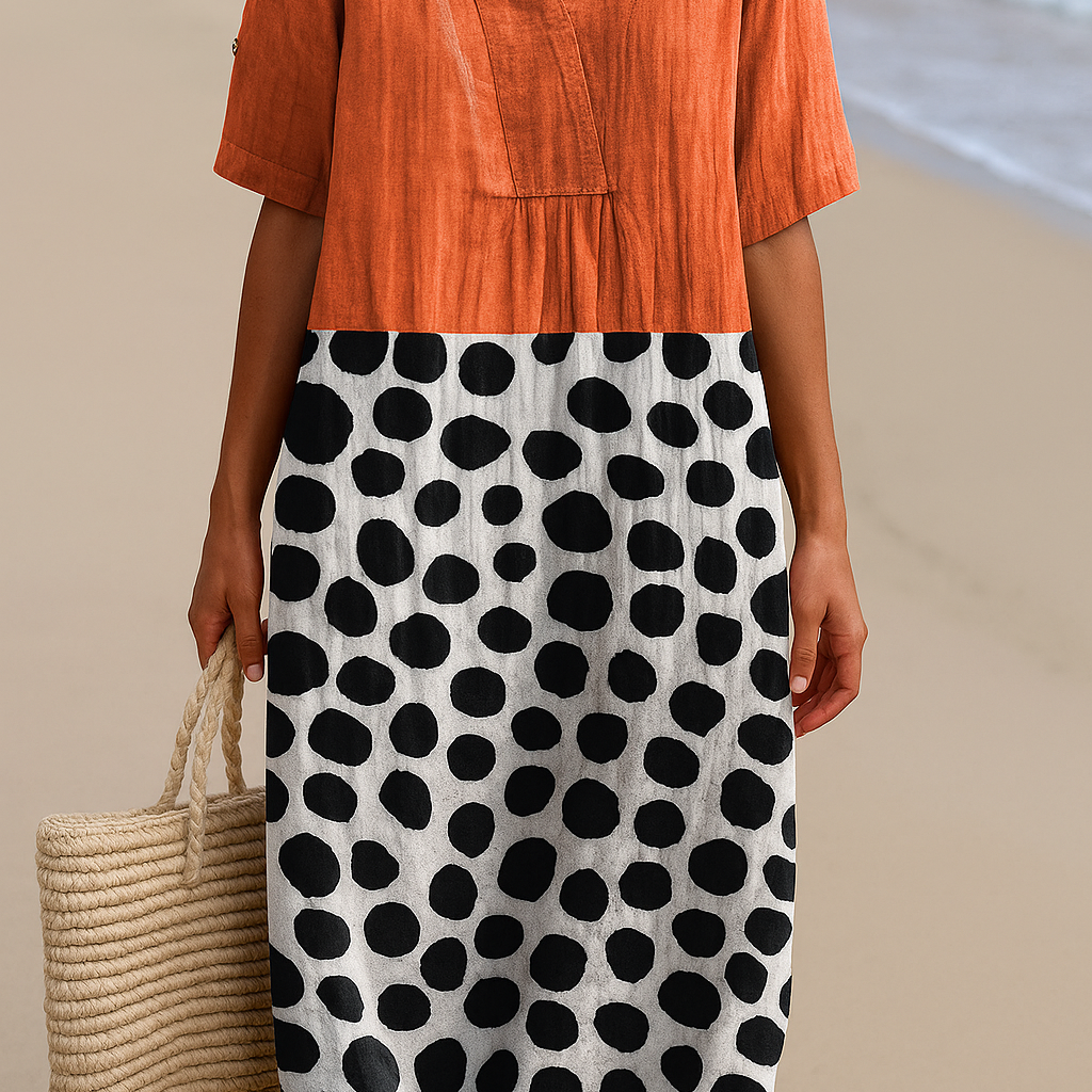 Penelope - Vestido Laranja com Pontos Contrastantes