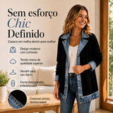 Manteau em malha canelada elegante para mulher com painéis em denim