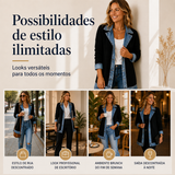 Manteau em malha canelada elegante para mulher com painéis em denim