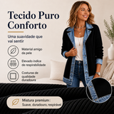 Manteau em malha canelada elegante para mulher com painéis em denim