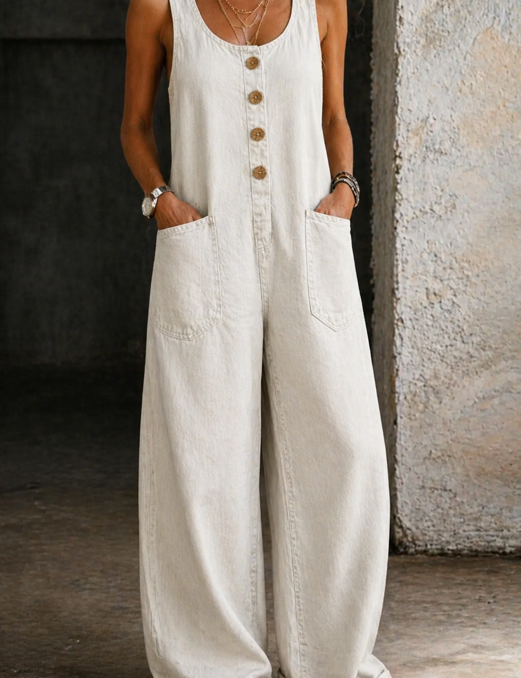 Vânia - Macacão de Algodão Denim Vintage Lavado