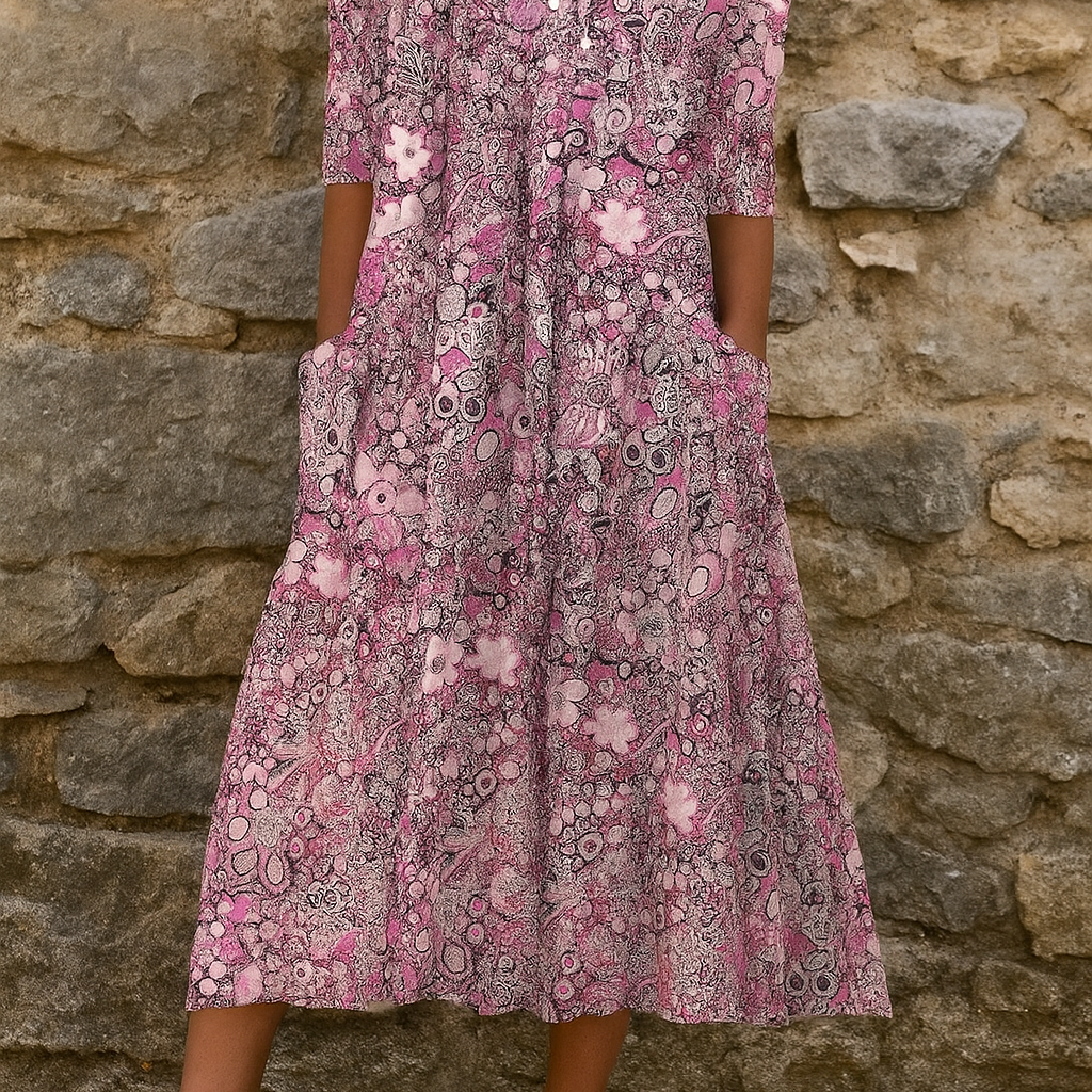 Élise | Vestido Midi com Estampa e Decote em V