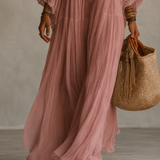 Celeste | Vestido longo em chiffon ivoire e rendas