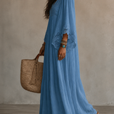 Celeste | Vestido longo em chiffon ivoire e rendas