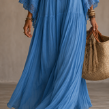 Celeste | Vestido longo em chiffon ivoire e rendas