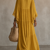 Celeste | Vestido longo em chiffon ivoire e rendas