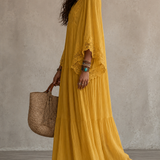 Celeste | Vestido longo em chiffon ivoire e rendas