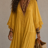 Celeste | Vestido longo em chiffon ivoire e rendas