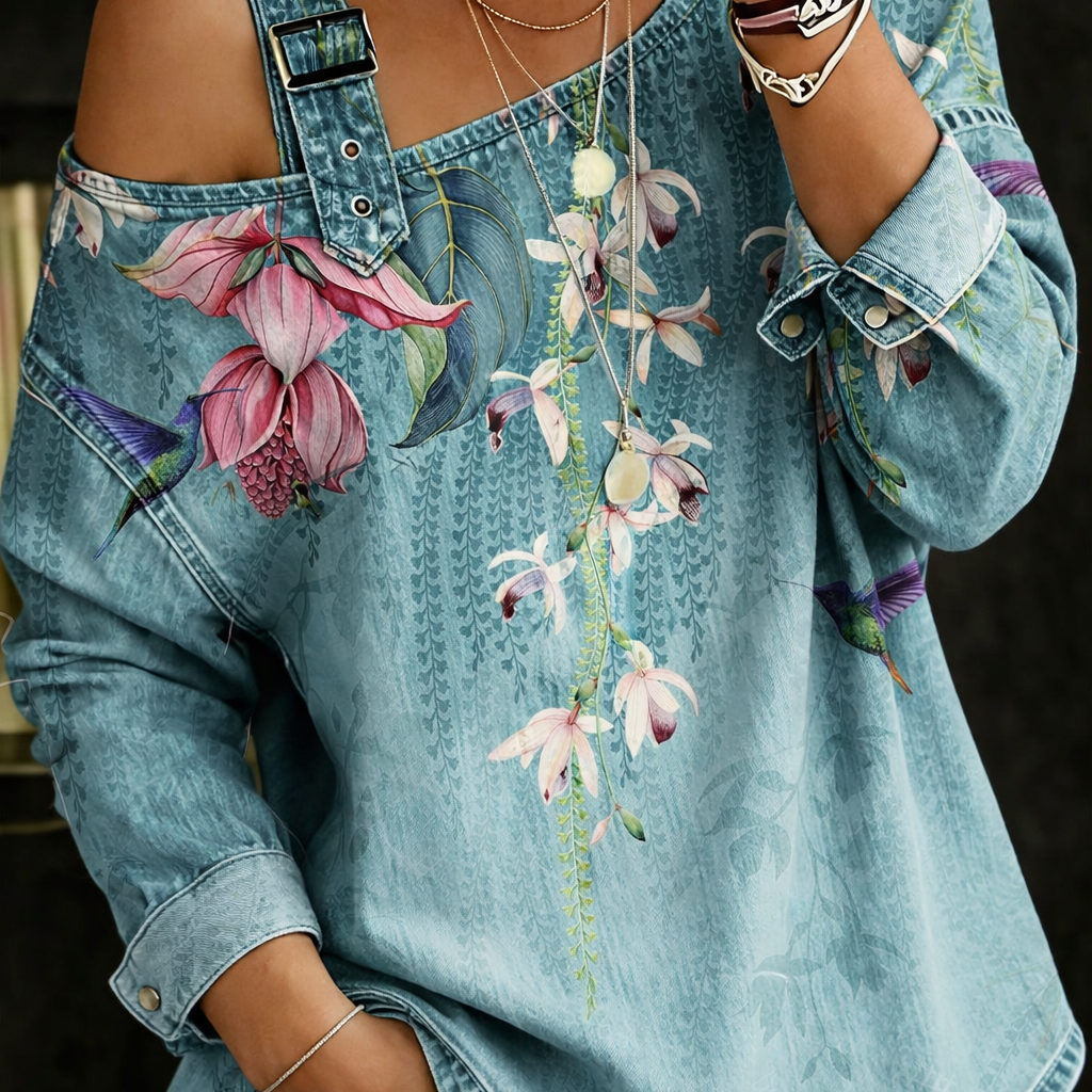 Carla - Top de Denim com Ombros à Mostra