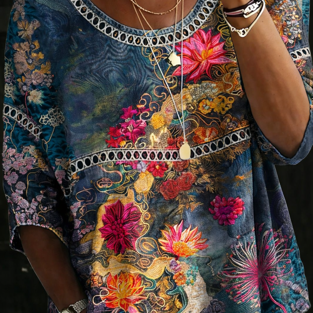 Sandra - Blusa de Denim Floral Vintage