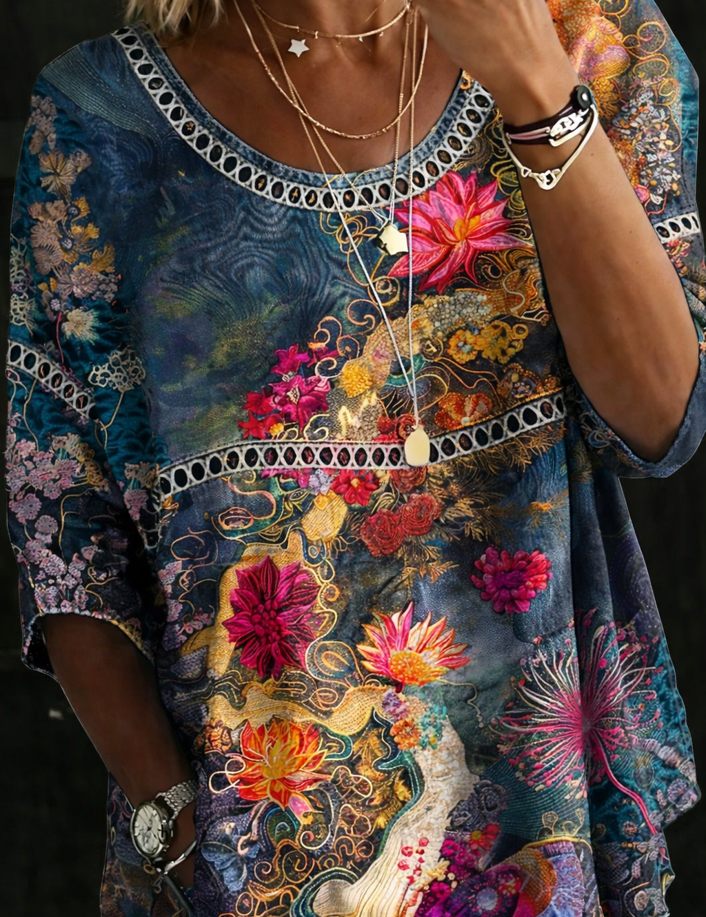 Sandra - Blusa de Denim Floral Vintage