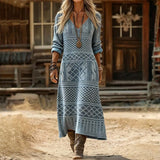 Robe Vintage à Manches Longues avec Motif Géométrique
