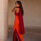 Vestido Largo Drapeado Bicolor