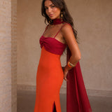 Vestido Largo Drapeado Bicolor