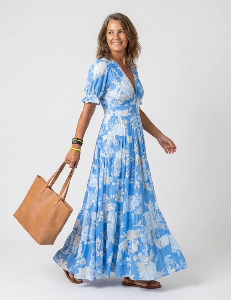 Juliette | Vestido Midi Floral com Mangas Curtas e Decote em V