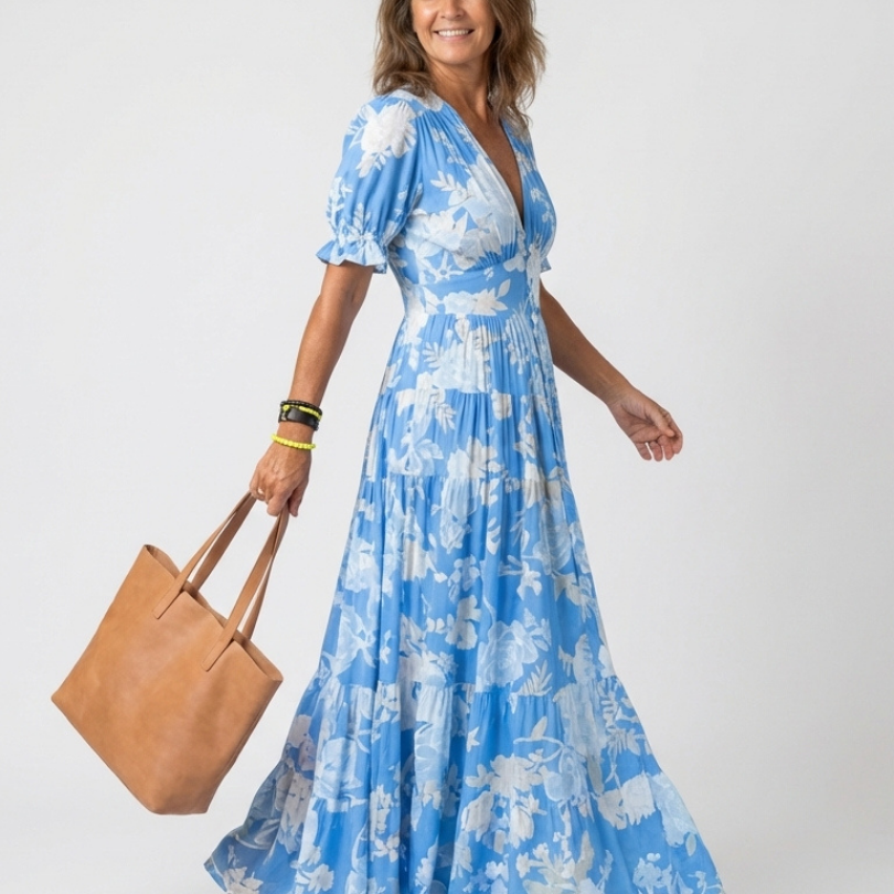 Juliette | Vestido Midi Floral com Mangas Curtas e Decote em V