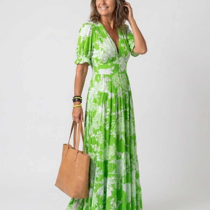 Juliette | Vestido Midi Floral com Mangas Curtas e Decote em V
