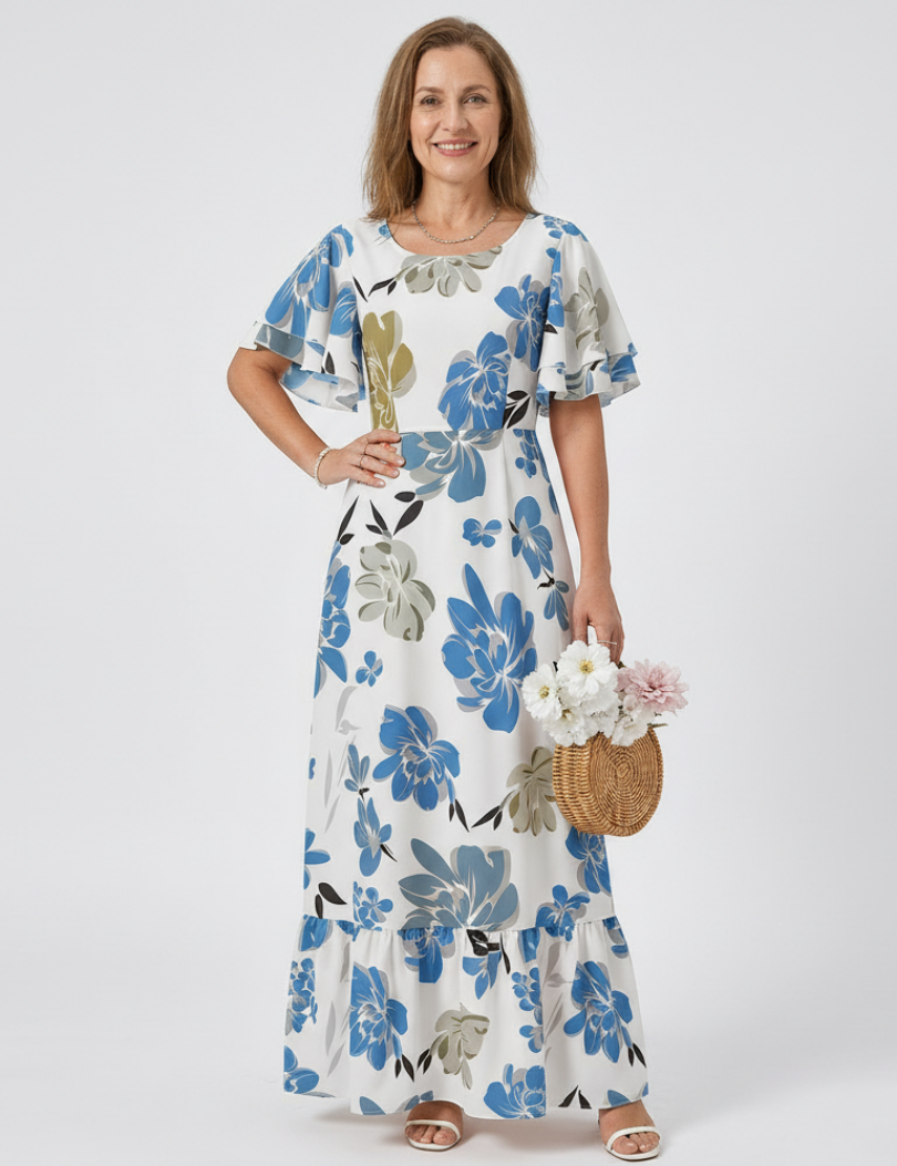 Nathalie | Vestido Maxi de Mangas Curtas com Decote Redondo