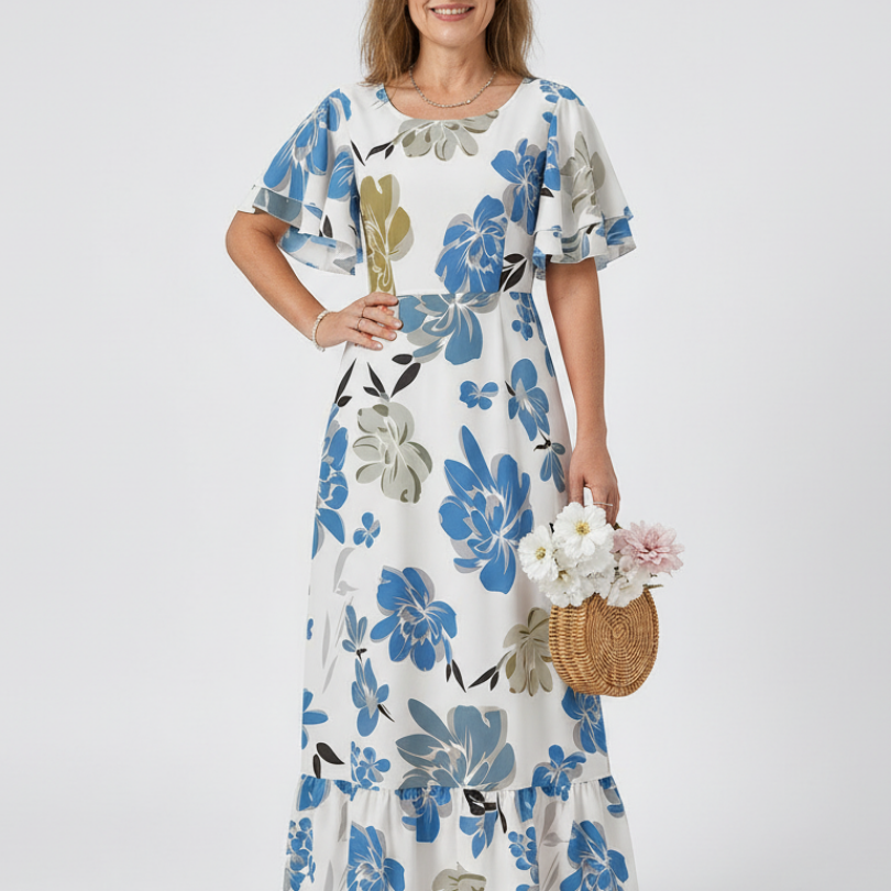 Nathalie | Vestido Maxi de Mangas Curtas com Decote Redondo