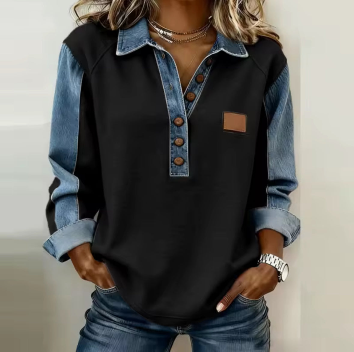 Voxanne™ | Pullover de Denim com Colarinho