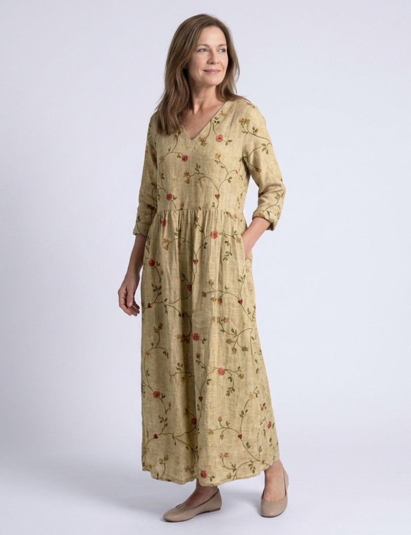 Valérie | Vestido Maxi Floral com Decote em V e Mangas 3/4