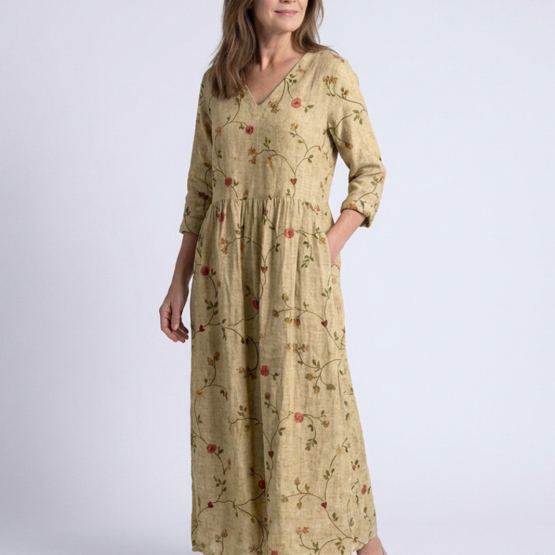 Valérie | Vestido Maxi Floral com Decote em V e Mangas 3/4