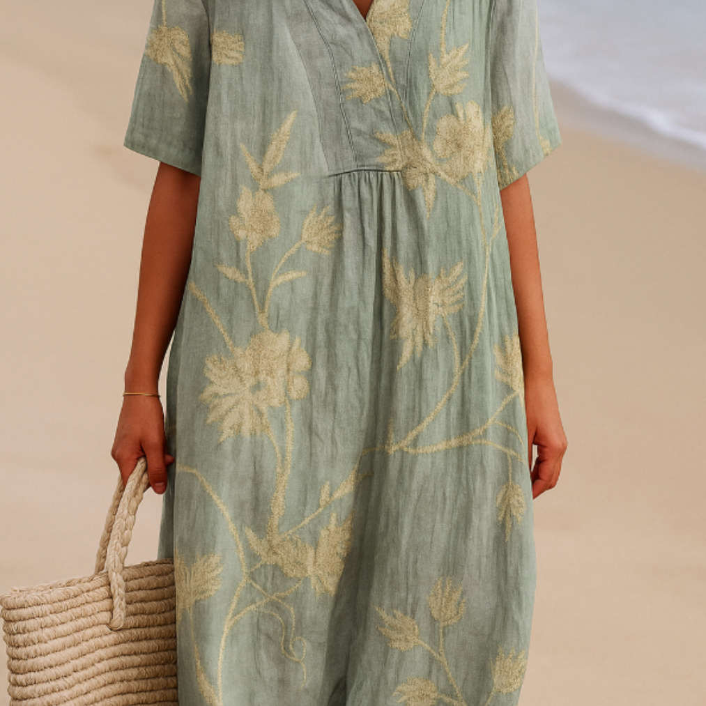 Clementina - Vestido Azul-Cinza com Bordado Floral