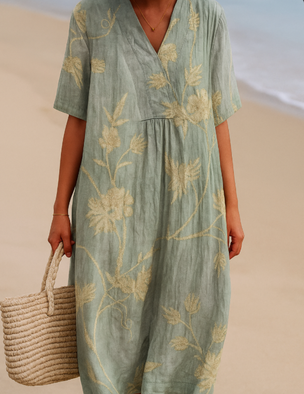 Clementina - Vestido Azul-Cinza com Bordado Floral