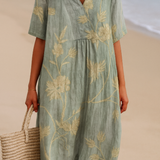 Clementina - Vestido Azul-Cinza com Bordado Floral
