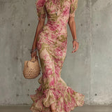 Lara - Vestido longo ajustado com padrão floral