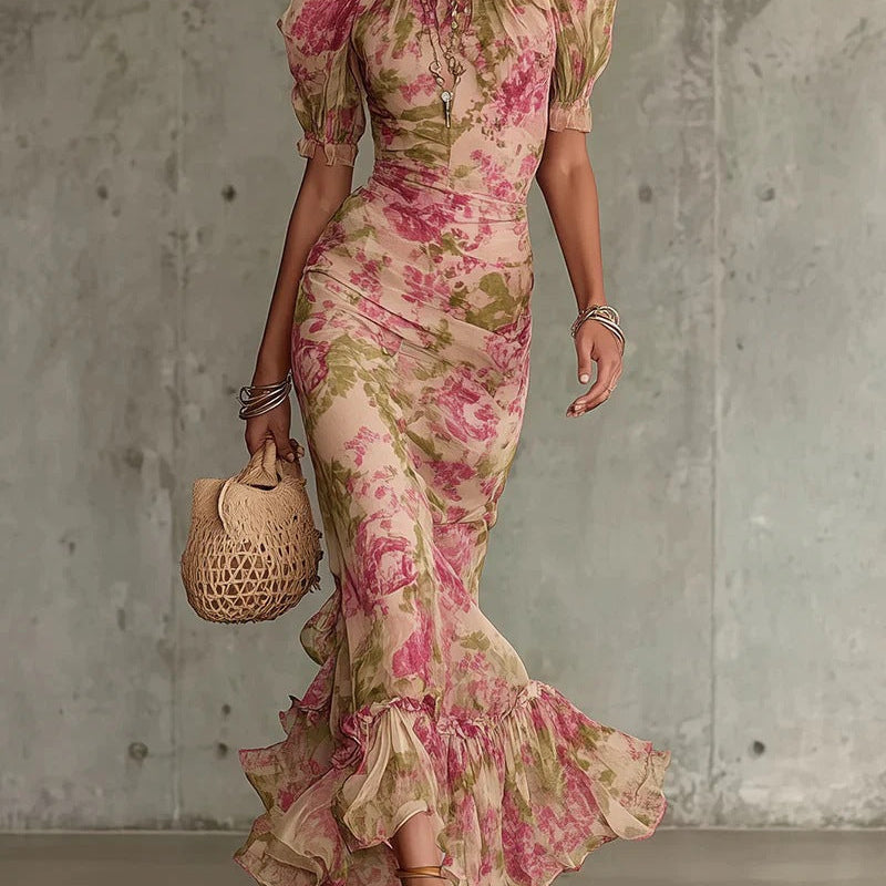 Lara - Vestido longo ajustado com padrão floral