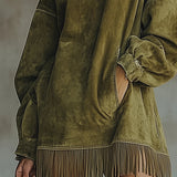 Gabrielle | Vestido de Suédine com Gola Alta e Detalhes em Franja