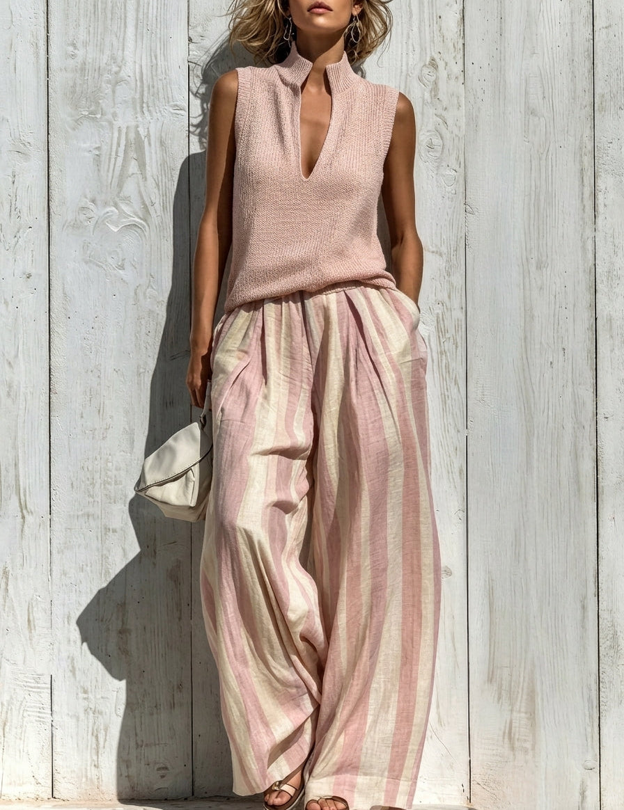 Sofía | Conjunto Chic em Tecido Fluido: Top e Calças Palazzo Listradas