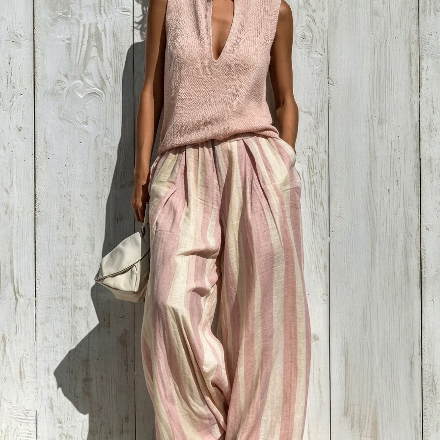 Sofía | Conjunto Chic em Tecido Fluido: Top e Calças Palazzo Listradas