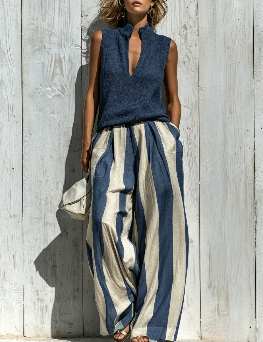 Sofía | Conjunto Chic em Tecido Fluido: Top e Calças Palazzo Listradas