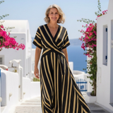 Élisa | Vestido midi às riscas com decote em V e mangas curtas